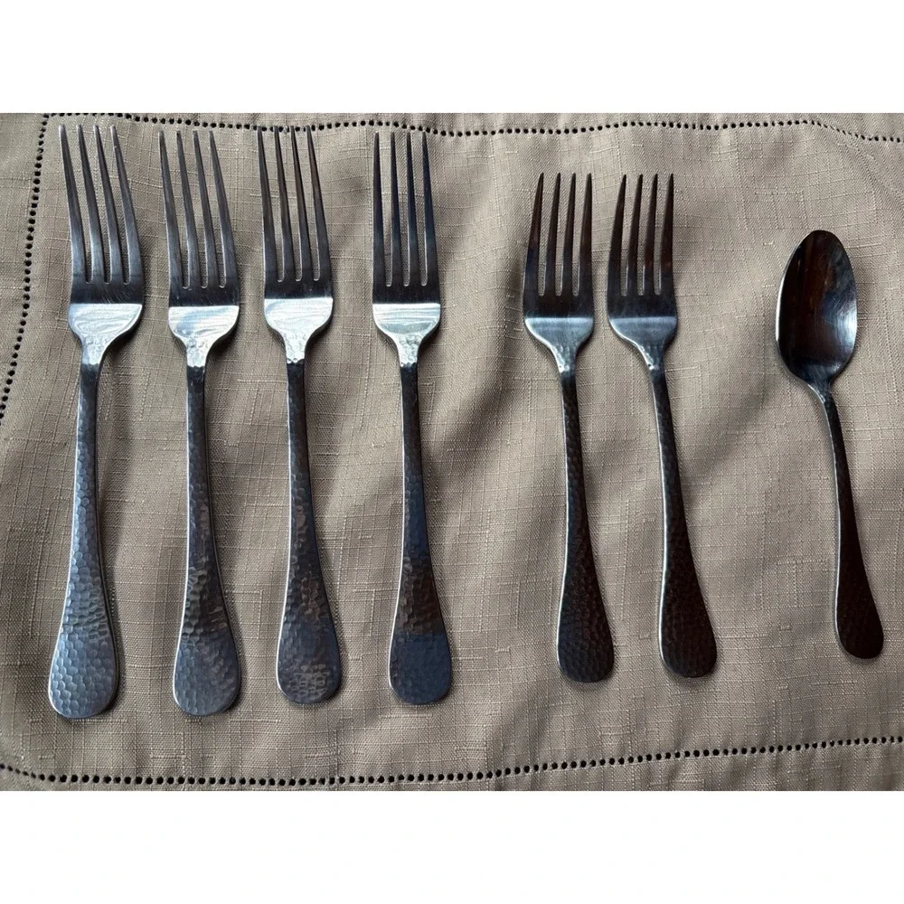 Wallace Kaylee 18/0 Stainless Hammered 7pc Flatware Set 4 Forks 2 Salad 1 Spoon